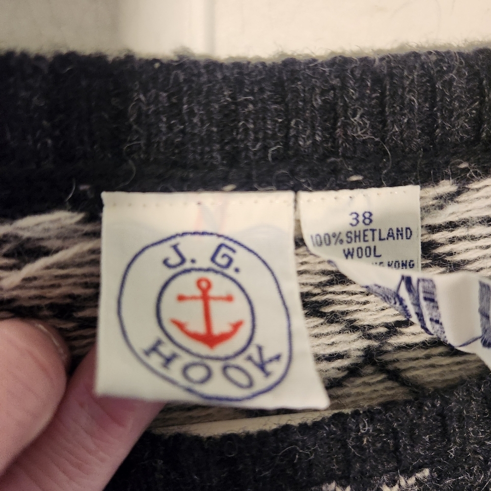 Vtg J G Hook Shetland Wool Black Cream Fair Isle Nordic Size 38 Small - Picture 3 of 16